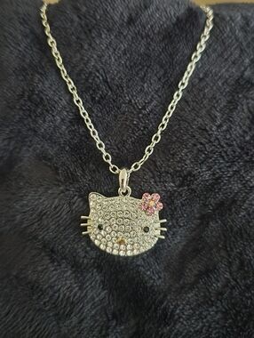 Small Crystal Cat Pendant on Silver Necklace. Gold Accents with Pink Flower